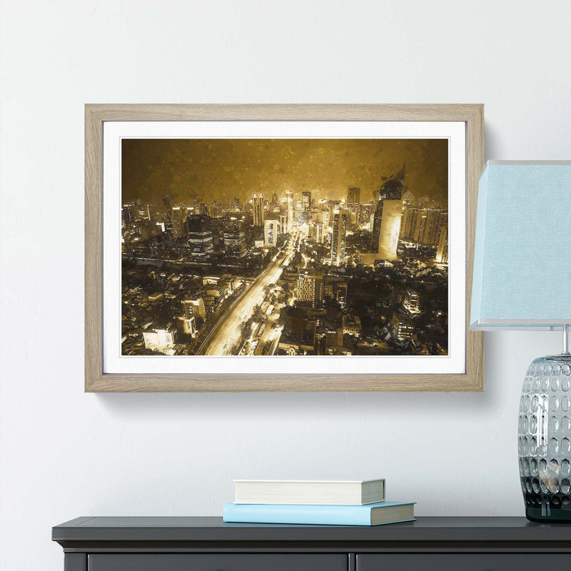 Golden Jakarta Skyline in Abstract - Picture Frame Graphic Art Print, 36cm H x 48cm W x 2cm D, Oak Framed