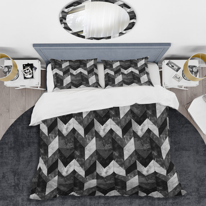 Ensemble de housse de couette moderne à chevrons gris et noir II, Housse de couette pour grand lit et 2 taies décor