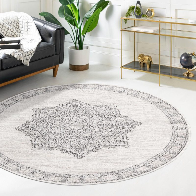 Tapis abstrait ivoire / noir Longe, Rond 10 pi