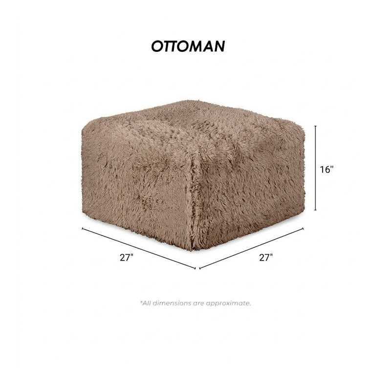 Pouf carré contemporain taupe avec revêtement en fausse fourrure et âme en mousse haute densité