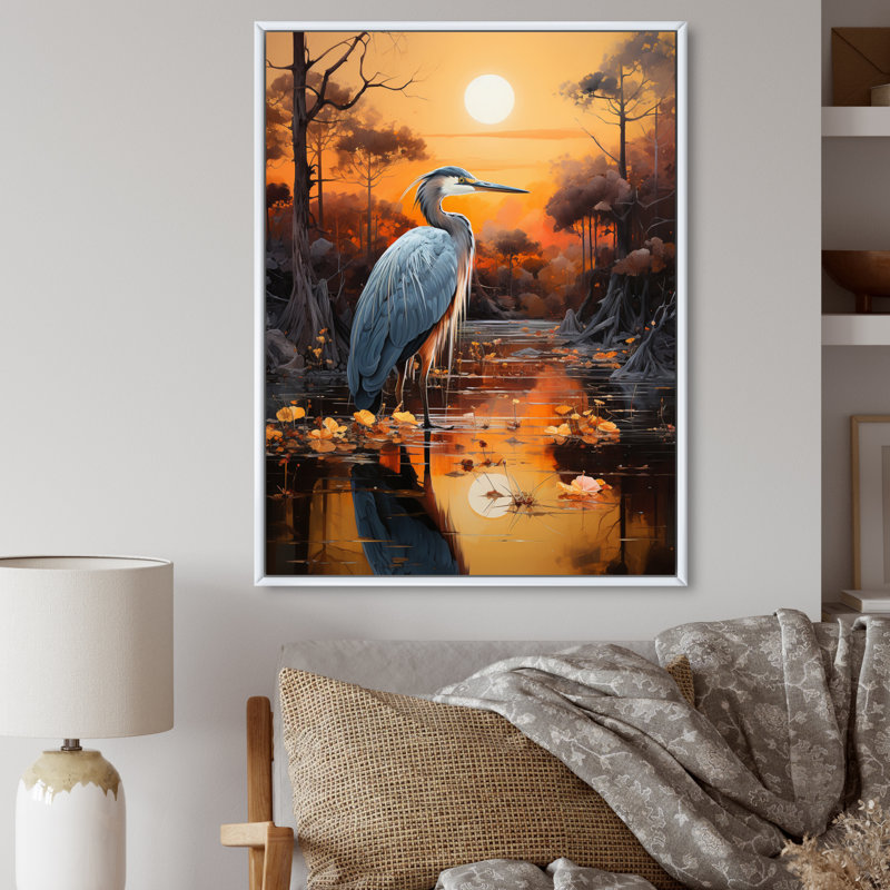 Bedourie Heron Silent Waters Pointillism II sur toile, Cadre flottant blanc, H 32 po x l 16 po x P 1 po