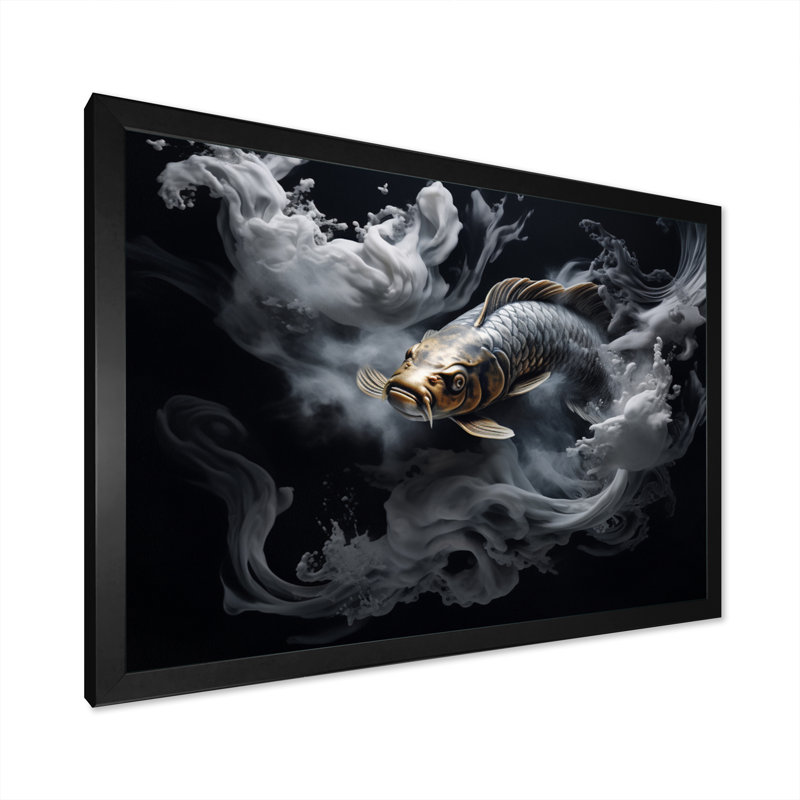 «Jamarques Gray Kois Fish Mystical Elegance», reproduction, H 12 po x l 20 po x P 1 po, Cadre simple noir