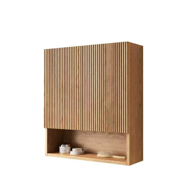 26" Wall-Mounted Striped Bathroom Cabinet With Soft-Close Doors, Adjustable Shelf & Open Storage – Natural Woodgrain Finish