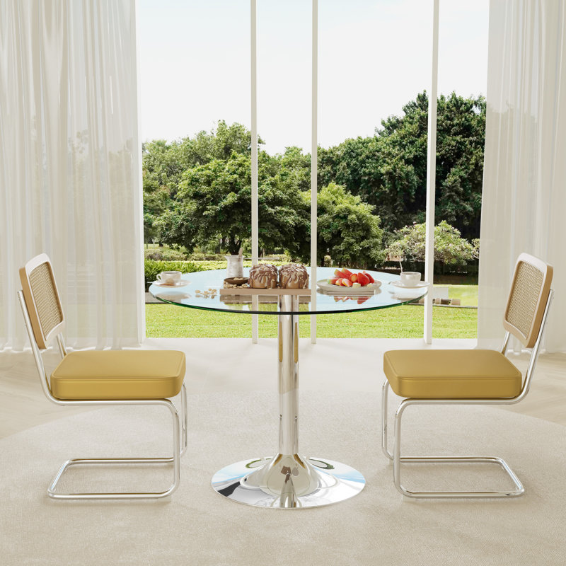 3-Piece Round Glass Dining Table Set, Yellow, 29.5" H x 35" L x 35" W