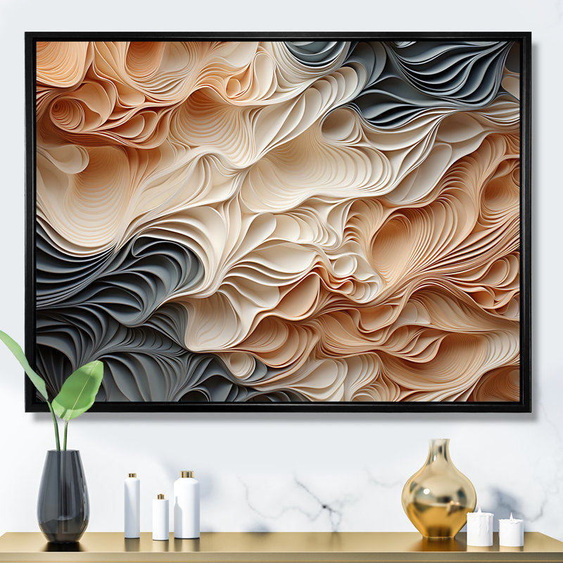 «Beige and Orange Custards Collage I», art mural abstrait, Cadre flottant noir, L 20 po x H 12 po