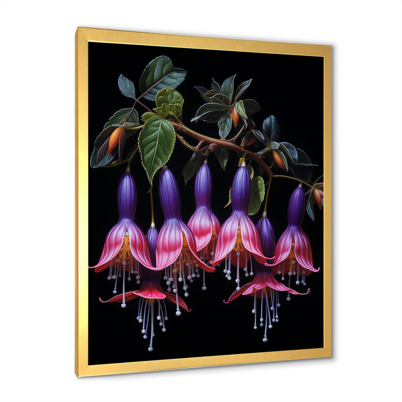 Fleurs mauves en cascade - Fuschia, Cadre doré simple, H 32 po x l 16 po x P 1 po