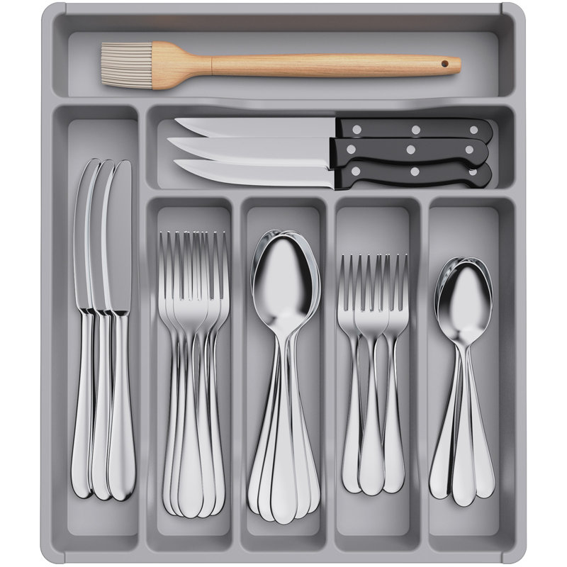 Silverware Drawer Organizer Tray, Plastic Cutlery Storage For Kitchen Drawer, Flatware And Utensil Holder Divider For Spoons Forks Knives Tableware, 7 Compartment