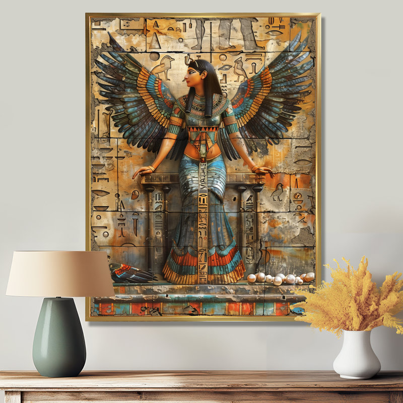 Décoration murale bleue et beige, déesse égyptienne III - Égypte, Toile avec cadre flottant or, H 32 po x l 16 po x P 1 po