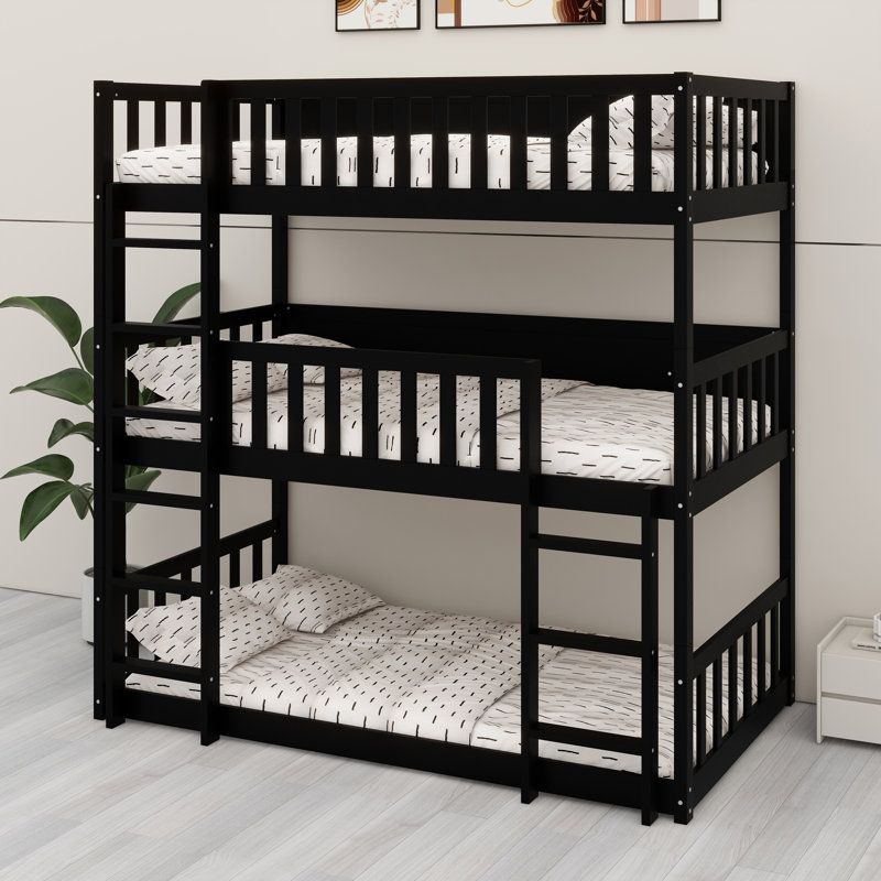 Triple-Tier Bunk Bed In Solid Rubber Wood, Featuring Integrated Ladders And Removable Safety Guardrails, Black