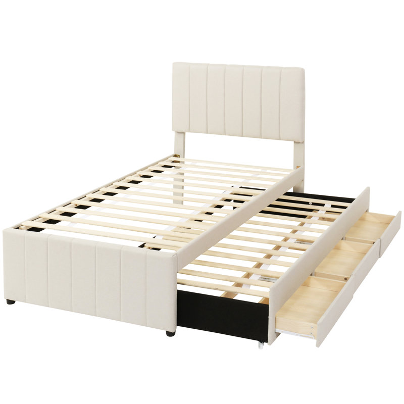 Lit simple rembourré avec lit gigogne et 3 tiroirs plateforme, aspect lin beige