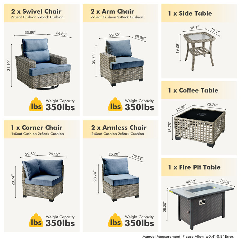 Ensemble de conversation d'extérieur en rotin pour 7 personnes avec chaises berçantes pivotantes et table de foyer, Bleu
