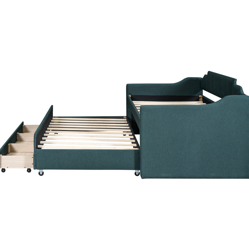 Twin Daybed With Drawers And Trundle For A Space Office Upholstered In Drawer Efficiency, Pine Wood, Green