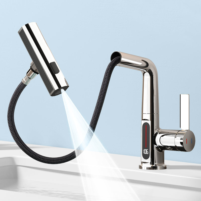 Robinet de salle de bain chromé à un trou avec douchette extractible et affichage de la température, Chrome chrome