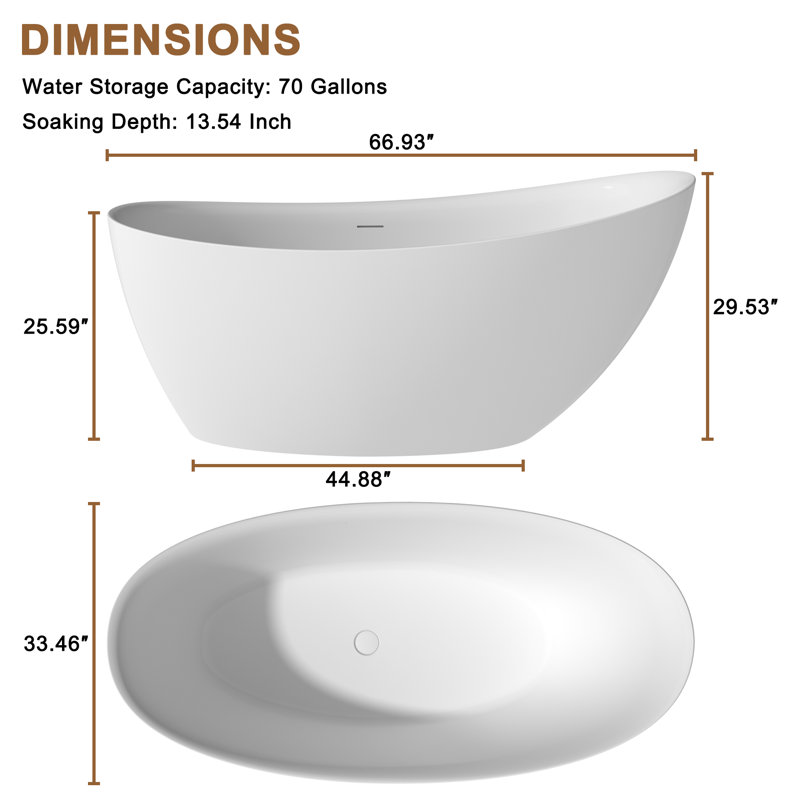 Crestone 67" x 33.5" Freestanding Soaking Solid Surface Resin Stone Bathtub with Black Bath Pollow