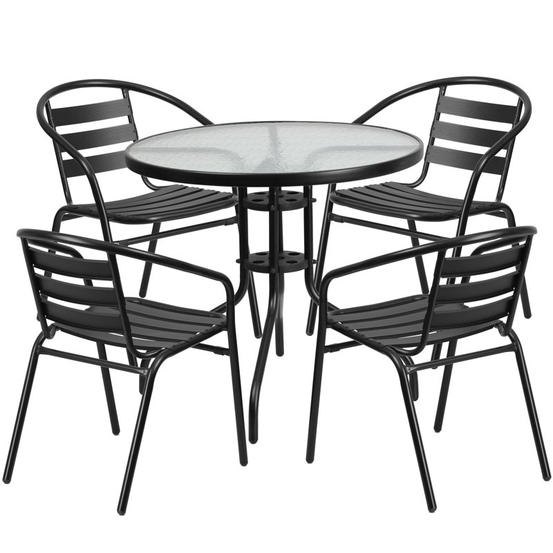 Amlie 31.5" Round Glass Metal Table with 4 Metal Aluminum Slat Stack Chairs, Black