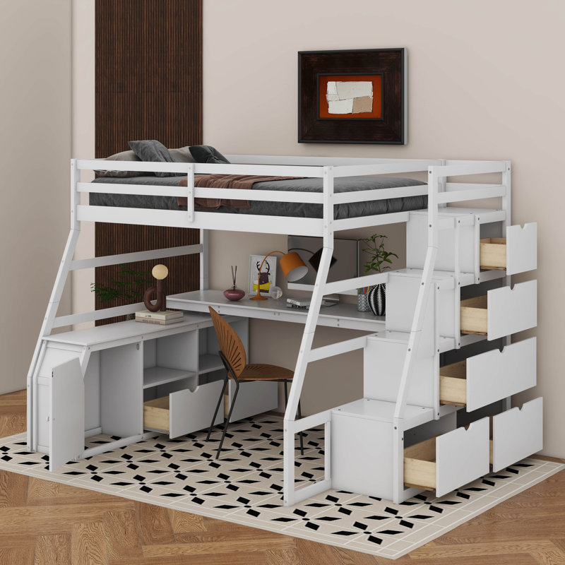 Lit mezzanine avec 7 tiroirs, 2 tablettes et un bureau, Complète, Blanc