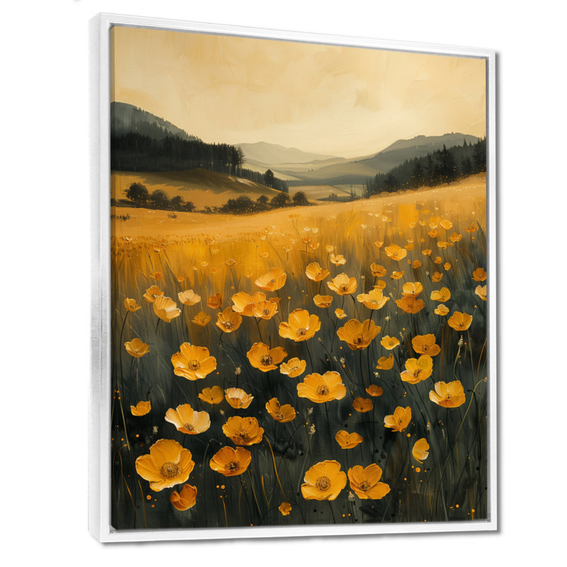 Jaune, vert, bouton d'or, soleil, pré, I - boutons d'or, salon, Silver Floater Framed, 32" H x 16" W