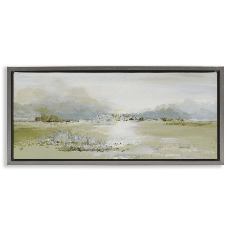 "Green Dunes", paysage abstrait, art mural sur toile flottant brun, H 14 po x l 31 po, Cadre flottant gris lustré