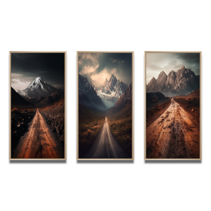 Endless Roads to Misty Snow Mountains IV - ensemble de 3 reproductions, Cadre naturel flottant, H 36 po x l 20 po