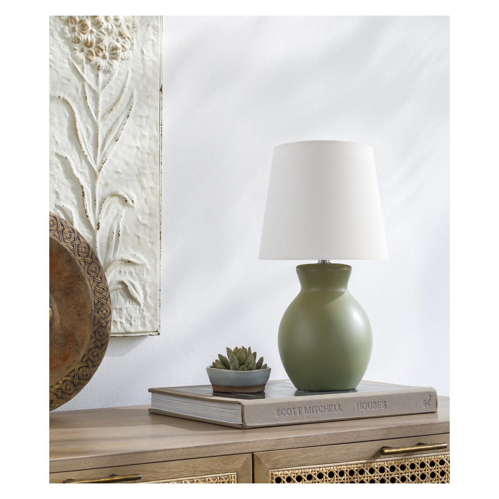 Drum Shade Lamp, Dark Green, 15'' H X 8'' W X 8'' D
