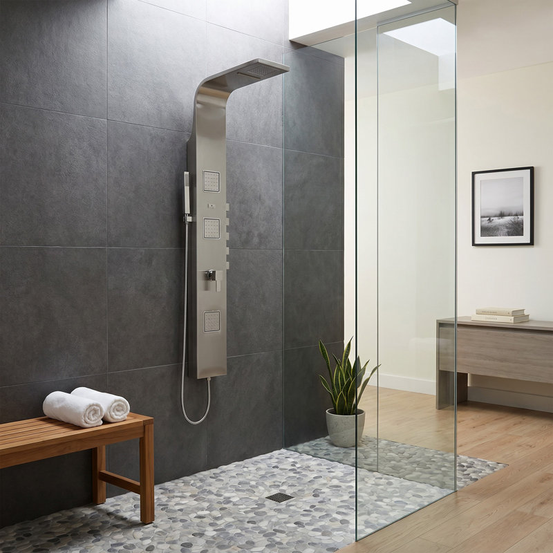 Waimea 6-in ShowerSpa with Dual-function Rain and Waterfall Showerhead with 3-Oversized Body Sprays and Handshower Brushed Stainless Steel