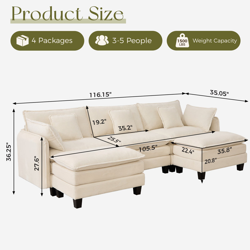 116'' U Shaped Cloud Modular Couch With Two Ottomans, Corduroy Fabric 3-Seats Sectional Sofa For Living Room, Beige