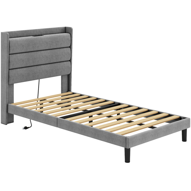 Modern Style Fabric Upholstered Bed XL Twin Size, Platform Bookshelf Bed With Power Outlets, Grey