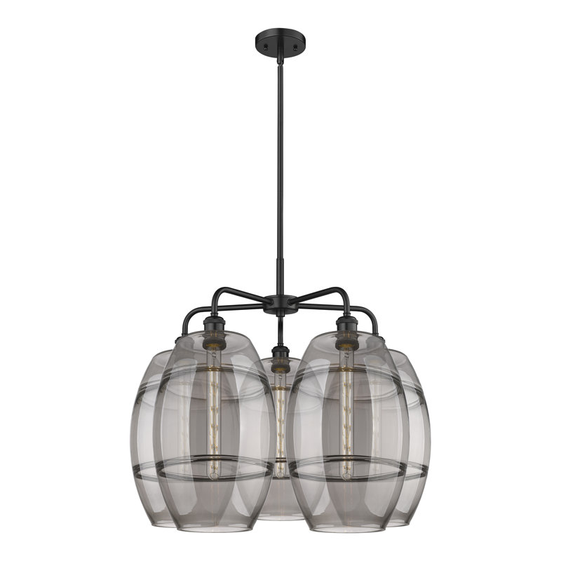 Lustre rond / ovale à abat-jour 5 lumières, Gris fumée clair, Noir mat, H 24 po x l 28 po x P 28 po