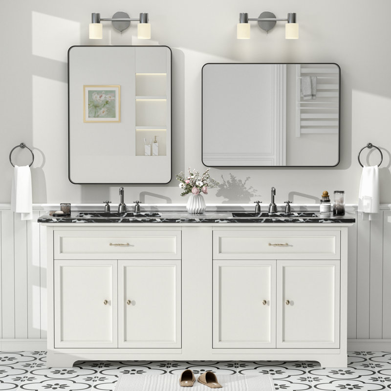 Molly Tempered Glass and Metal Framed French Cleat Mounted Wall Bathroom / Vanity Mirror, 32" x 24", Black