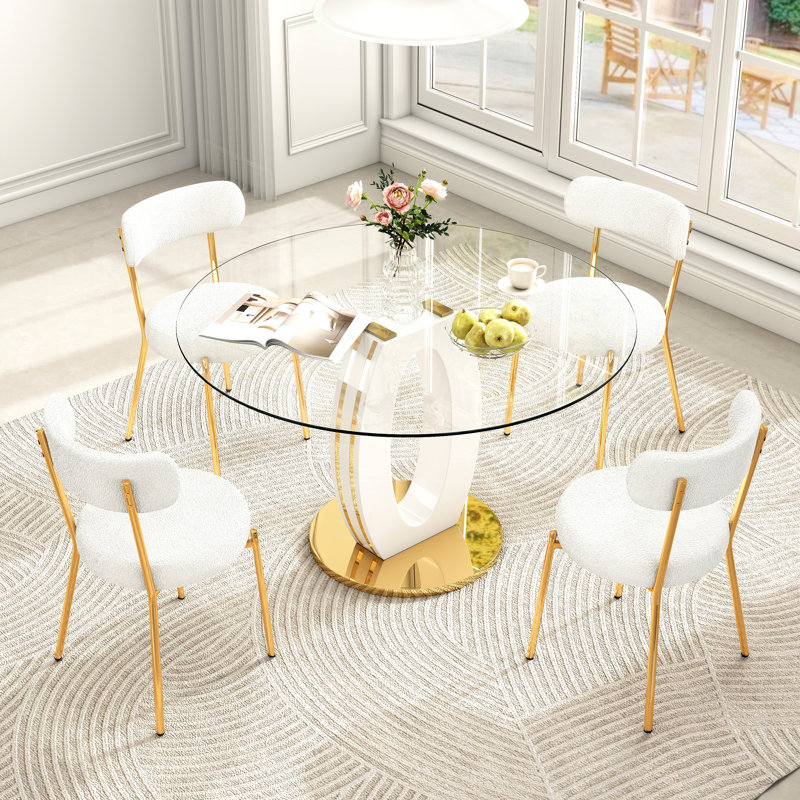 Ensemble de salle à manger élégant avec piédestal et chaises en peluche, Blanc / Doré, 5 pièces: table, 4 chaises, Blanc