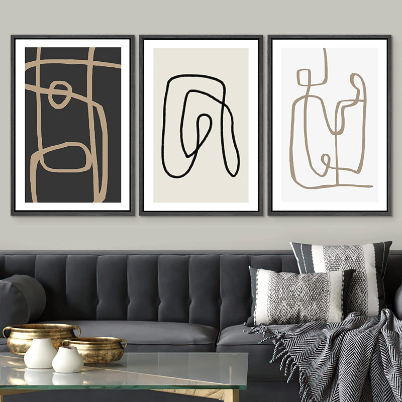 Aesthetic Abstract Black Line Polygons Minimalist Modern Wall Art Framed On Canvas 3 Pieces Print, 36" H x 72" W, Black