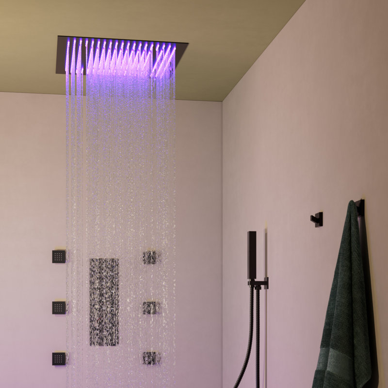 Ceiling Mount 20" LED Thermostatic Rainfall Shower System with 6 Body Jets and Dual-Function Handheld Spray, Matte Black