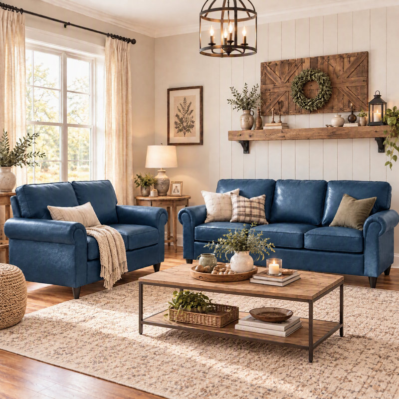3- Piece Sofa Set Faux Leather Couch Rolled Arm Chair Living Room Set, 2 Pcs: Loveseat, Sofa, Royal Blue