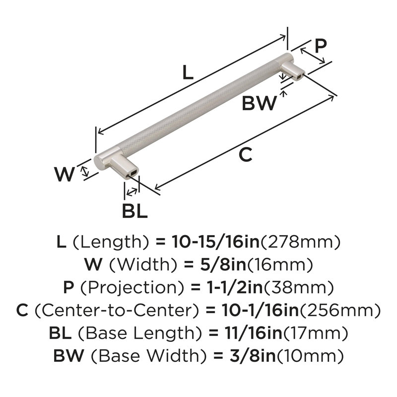 Esquire 10-1/16 inch (256mm) Center-to-Center Polished Nickel/Stainless Steel Cabinet Pull, 10 1/16"