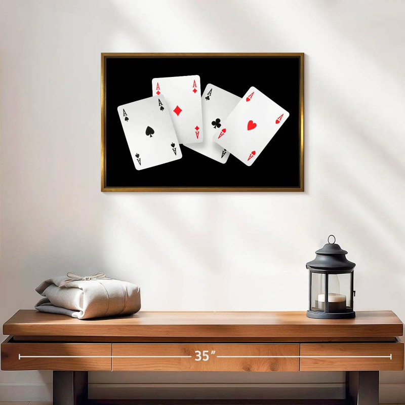 Quatre cartes As, 19 po x 13 po, Cadre flottant doré