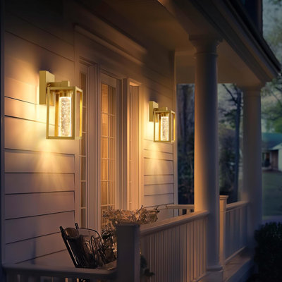 Outdoor Light Fixture Wall Mount With Crystal Bulb, 2 Pack Exterior Wall Lantern Waterproof, Outside Porch Sconce, Metal Finish & Tempered Glass Shade
