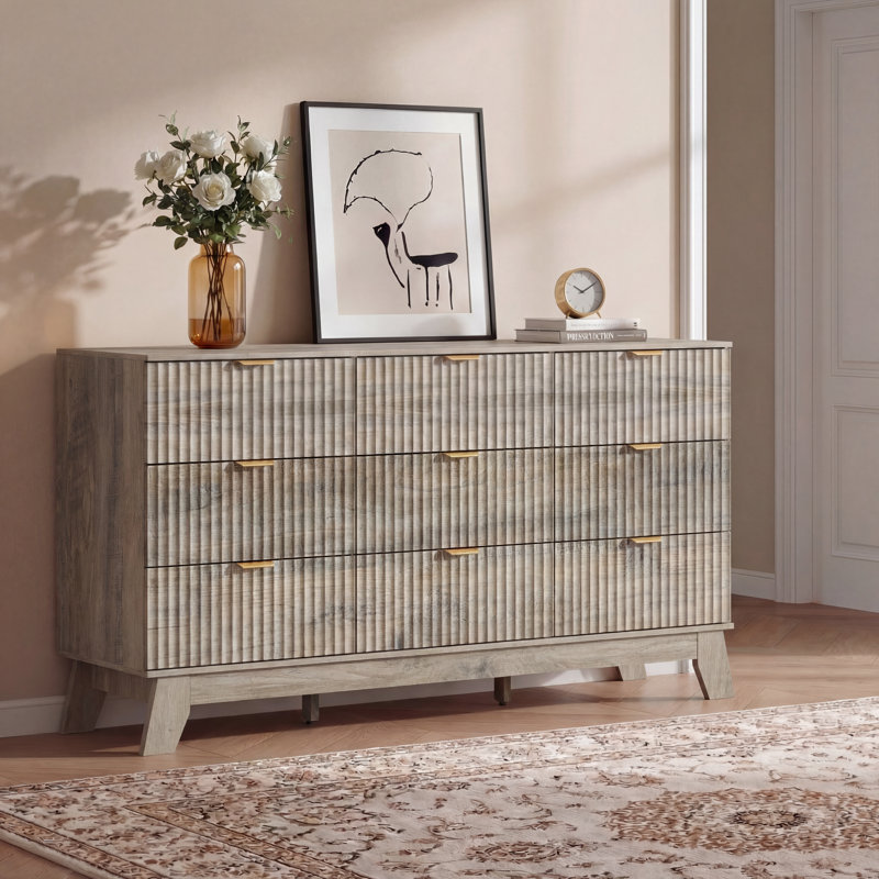 Fluted 9-Drawer Dresser 57''W Wood Wide Chest Of Drawers With Metal Handle, Adjustable Feet, Gray