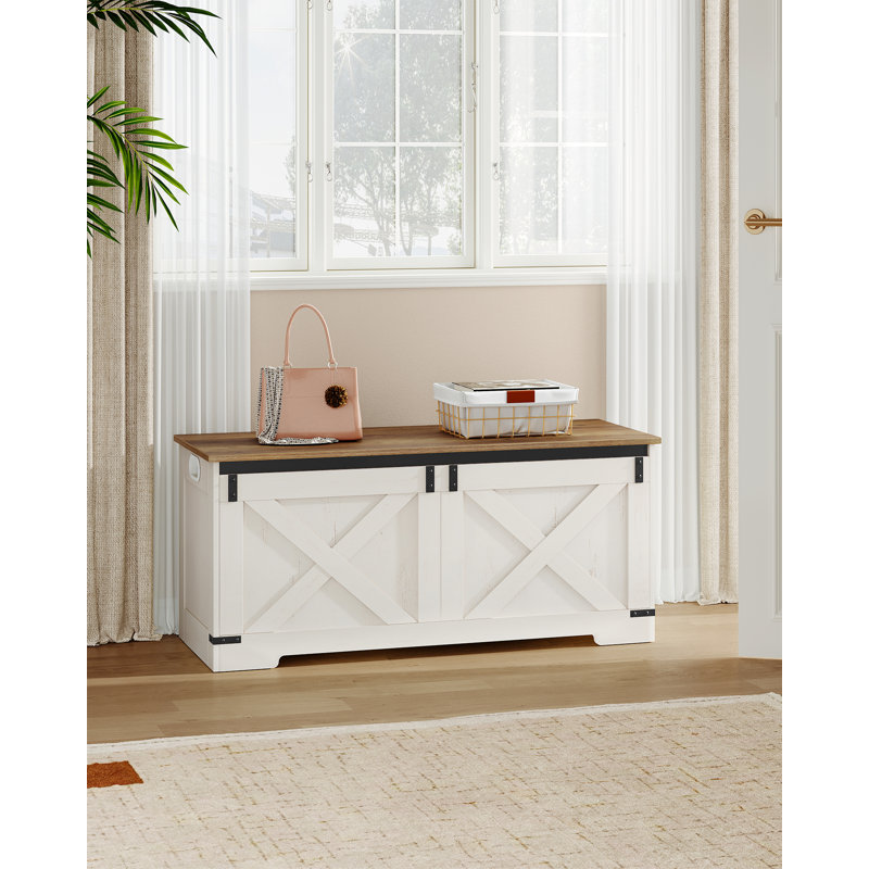 42.9" Storage Chest, Large Storage Trunk with 2 Hinges, Farmhouse Wooden Box Bench, Lift-Top Organizer Chest, Entryway Trunk for Bedroom, Living Room, White and Brown