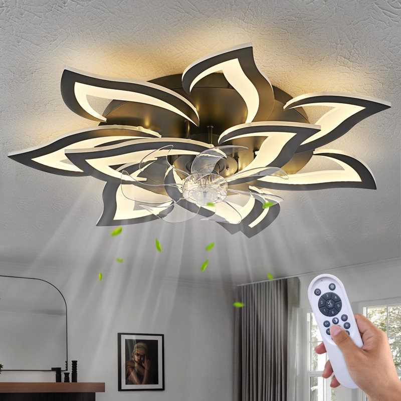 Modern Ceiling Fan With Lights Remote Control, 32" Black Ceiling Fan With Light, 6 Speeds 3 Light Color Low Profile Flush Mount Ceiling Fan For Kitchen Bedroom