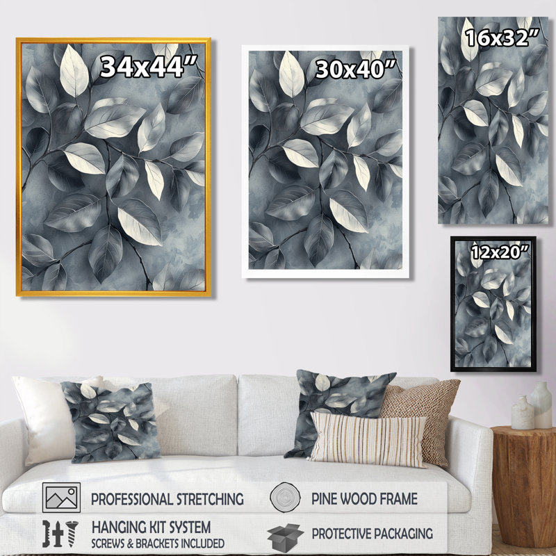 Cuivre, argent, étain, feuilles I - feuilles, art mural, H 20 po x l 12 po, Reproduction avec cadre flottant, Noir