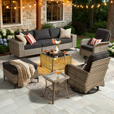 6 - Person Mostly No Assembly Required Patio Furniture Set With Swivel Rocker, Outdoor Wicker Rattan Sectional Seating Group With Cushions, All Weather Sofa Conversation Set  For Garden Backyard