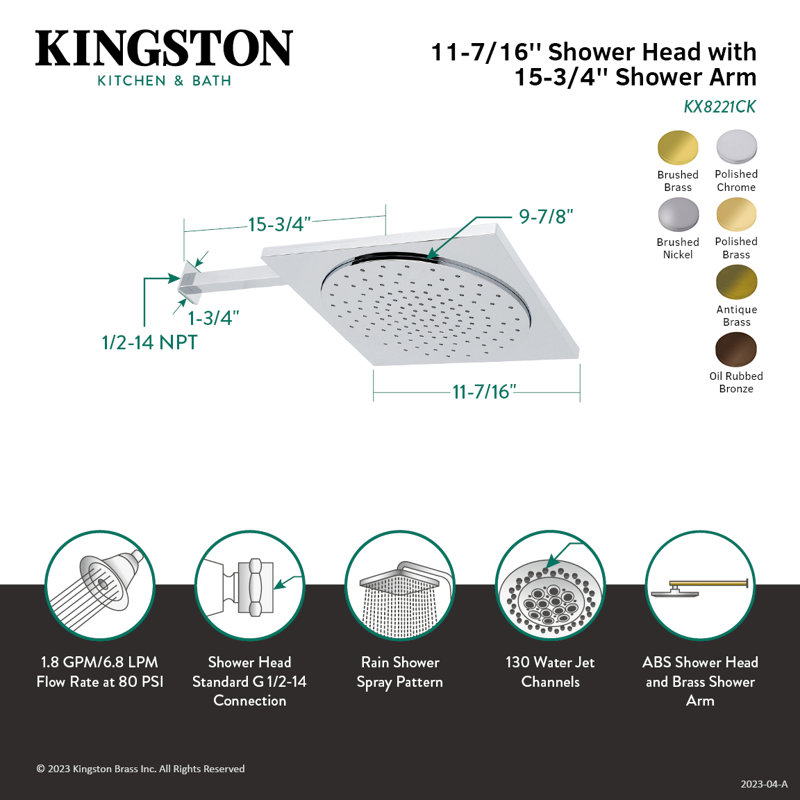 Kingston Brass Shower Scape 12-Inch Square Rainfall ABS Shower Head with 15-3/4-Inch Shower Arm, Polished Chrome