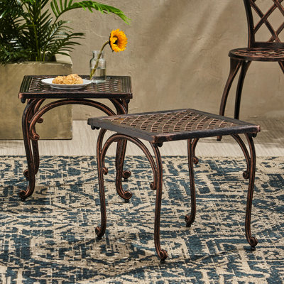 2 pièces Tables de bout en fonte d'aluminium - Kd 18 "H Table carrée de couleur antique avec bordure moulée et tissé pour la table d'extérieur de patio de 2 pieds bouclés