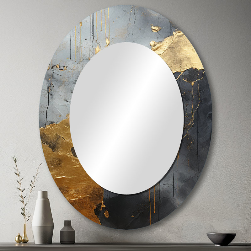 Minimalisme chrome doré et poteries noires I - décor de miroir mural ovale doré, 43 po x 33 po
