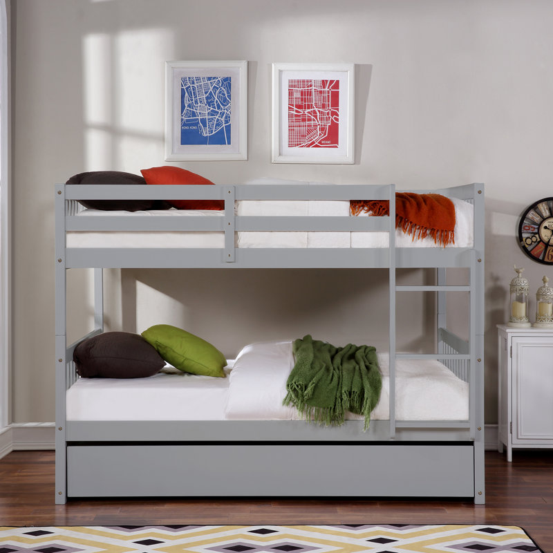Full Over Full Bunk Bed with Trundle, Gray