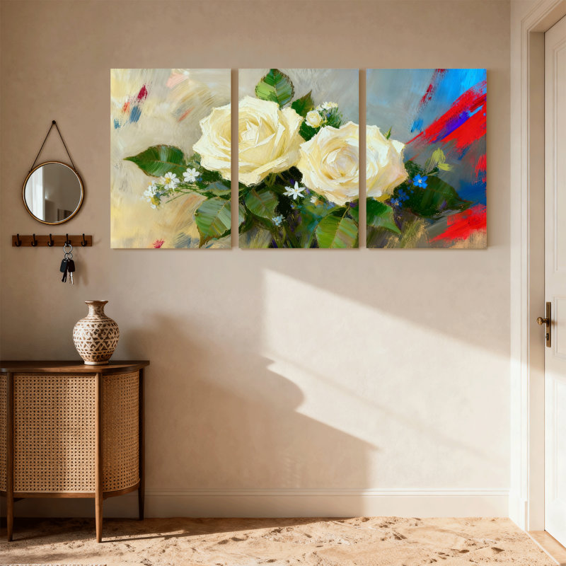 Ensemble de 3 reproductions d'art sur toile roses avec feuilles vertes et petites fleurs, H 24 po x l 48 po