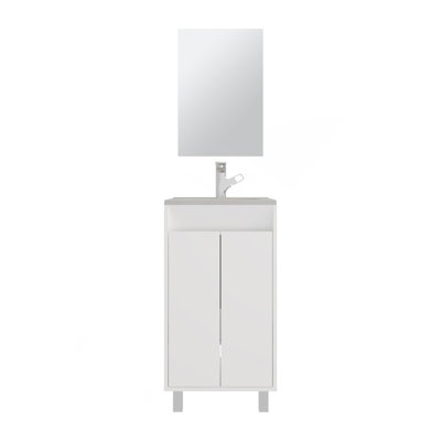 Ensemble de salle de bain, armoire avec lavabo + miroir, 2 portes, 4 pieds, 2 tablettes, 1 miroir, blanc