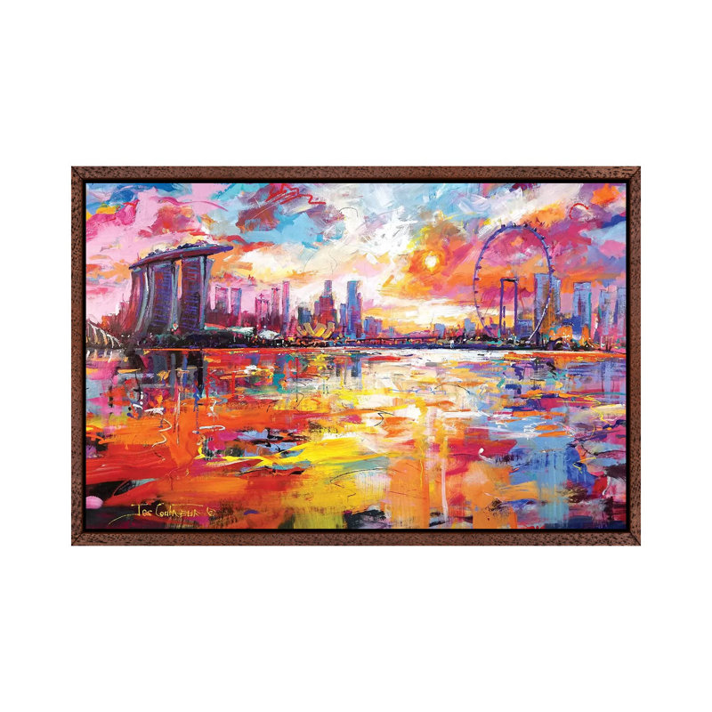 Singapore Skyline 1 Piece Painting on Canvas, 66.04 cm H x 45.72 cm W, Classic Brown Wood Framed