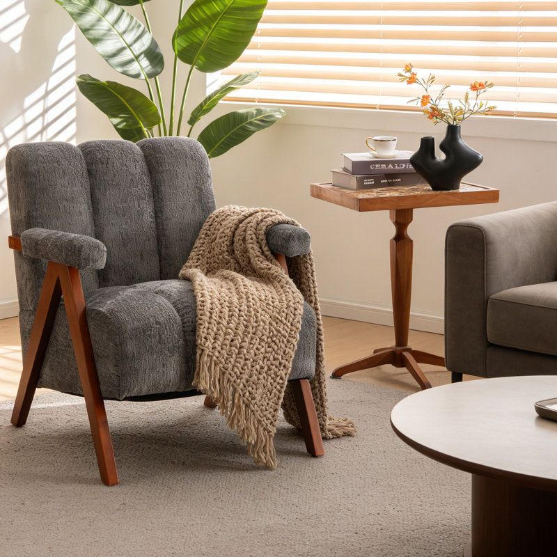 Mid-Century Modern Cloud-Shaped Accent Chair – Soft Chenille Fabric Lounge Armchair with Solid Wood Frame for Living Room, Bedroom, Balcony,
