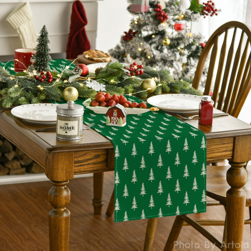 Xmas Tree Christmas Table Runner, Seasonal Winter Kitchen Dining Table Decoration For Home Party Decor, 13" W x 72" L, Green